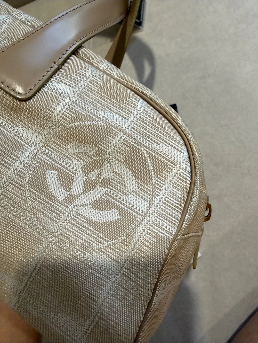 CHANEL Beige Logo Jacquard Satchel with Tan Leather Handles